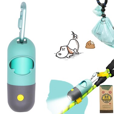 YUCHIYA Dog Poop Bag Dispenser with Flashlight Dog Poop Bag Holder with Leash Clip Hands-Free Leash Poop Bag Holder with Straps and 1 Roll Dog Waste Bags (Crystal Blue)