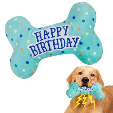 PrimePets Dog Birthday Toys, Plush Dog Squeaky Toys, Dog Birthday Party Supplies, Stuffed Puppy Chew Toys for Small Medium Large Dogs, Bone Pet Toys