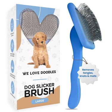 We Love Doodles Dog Slicker Brush for Grooming Pet Hair - Best Brushes For Poodle &amp; Golden Doodle - Long Haired Brush For Dogs - Goldendoodle Long Pin Brush For Dematting (Large)
