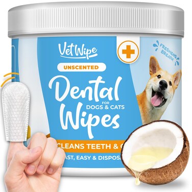 VetWipe Dog Teeth Cleaning Finger Wipes - Easy Cats &amp; Dogs Dental Care Toothbrush and Tooth Brushing Kit, Freshen Bad Breath, Reduces Plaque - 50 Count