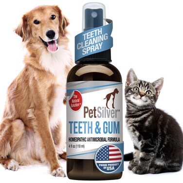 PetSilver Teeth &amp; Gum Spray - Patented Chelated Silver - Dog Dental &amp; Teeth Cleaning Spray for Plaque &amp; Tartar Build-Up Reduction - Natural Breath Freshener for Dogs and Cats - Made in The USA - 4 oz