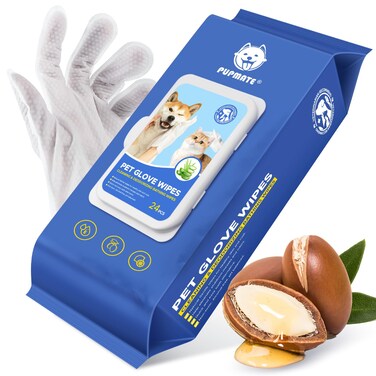 PUPMATE Pet Cleaning Glove Wipes for Dogs &amp; Cats, Hypoallergenic Deodorizing Disposable Bathing Wipes,No-Rinse Grooming Wipes, Extra Thick,Perfect for Pet Dry Cleaning,Daily Care and Travel,24 pcs