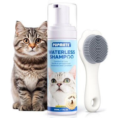 Waterless Cat Shampoo with Cat Brush - No Rinse Foam Dry Shampoo   Deep Cleansing Relieves Itchy Skin &amp; Shedding   Gentle, Cat Grooming Kit for Kittens Sensitive Skin   Cat Bath   7 oz