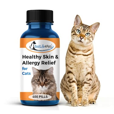 Cat Itchy Skin Relief &amp; Hair Loss Treatment, Holistic Allergy Relief for Cats Calms Dry Skin, Dandruff &amp; Reduces Licking, Scratching, Patchy, Matted and Shedding Fur, 400 Easy to Use Pills