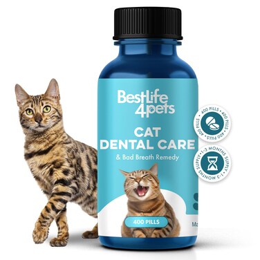 Cat Dental Care &amp; Bad Breath Remedy, Natural Oral Health for Cats Teeth, Mouth, Gums, Daily Cat Breath Freshener, Plaque and Tartar Control Help Gingivitis and Stomatitis, Easy to Use 400 Tiny Pills