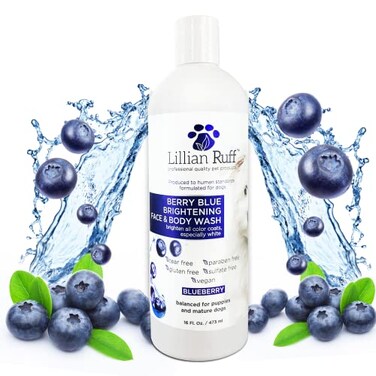 Lillian Ruff Berry Blue Brightening Face and Body Wash for Dogs - Blueberry Shampoo - Remove Tear Stains, Hydrate Dry Itchy Skin, Add Shine &amp; Luster to Coats (Berry Blue Shampoo 16oz)
