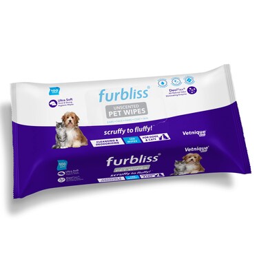 Vetnique Labs Furbliss Hygienic Pet Wipes for Dogs &amp; Cats, Cleansing Grooming &amp; Deodorizing Hypoallergenic Thick Wipes with All Natural Deoplex Deodorizer (Unscented, 100ct Pouch)
