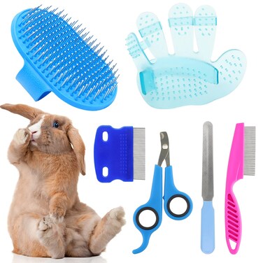 Rabbit Grooming Kit, Bunny Brush with Nail Clippers, Puppy Nail Trimmers with Pet Combs for Hamster Guinea Pig Ferret(6 Pack)