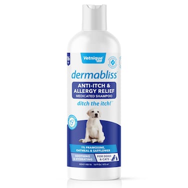 Vetnique Labs Dermabliss Dog Allergy and Itch Relief, Skin and Coat Health Supplements and Grooming Supplies with Omega 3-6-9, Biotin - Ditch The Itch (Itch Relief, 16oz Shampoo)