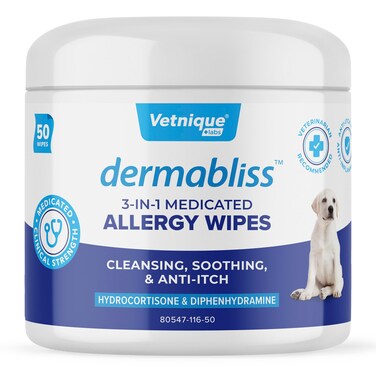 Vetnique Dermabliss 3-in-1 Medicated Dog Wipes - Relief for Itchy Skin, Allergies &amp; Odor Control, Gentle No-Sting Formula, Antihistamine &amp; Hydrocortisone Paw Wipes for Dogs &amp; Cats 50ct