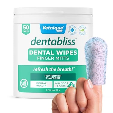 Vetnique Dentabliss - Dog Teeth Cleaning Finger Mitt Dental Wipe - Dog Plaque &amp; Tartar Prevention with Brushing Beads - Flavored Dog Teeth Wipes, Dog Breath Freshener (Peppermint)