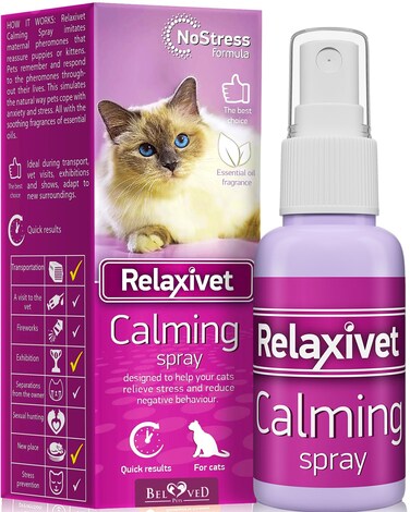 RELAXIVET Calming Pheromone Spray &amp; Scratch Repellent for Cats - Reduces Scratching Furniture, Pee - During Travel, Fireworks, Thunder, Vet Zone - Helps to Relief Stress, Fighting, Hiding