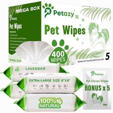 Petazy 400 Dog Wipes for Paws and Butt Ears Eyes   Organic Pet Wipes for Dogs   Lavender Scented Dog Wipes Cleaning Deodorizing   Extra Thick Paw Wipes for Dogs Cats Pets   Bonus Glove Wipes Included