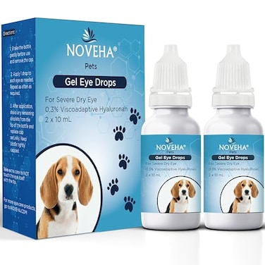 NOVEHA Pet Gel Eye Drops with 0.3% Viscoadaptive Hyaluronan   Eye Solution for Severe Dry Eyes - Long Lasting Hydration, Reduces Nuisance, Swelling &amp; Dryness - Eye Lube for Dogs and Cats (2x10mL)