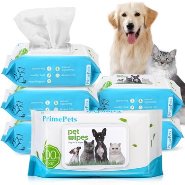 PrimePets Dog Grooming Wipes, 600 Count, 6x8 Inch Deodorizing Wipes for Dogs &amp; Cats, 100% Fragrance Free, Natural Pet Wipes for Cleaning Face Bum Eyes Ears Paws Teeth, Dog Wipes