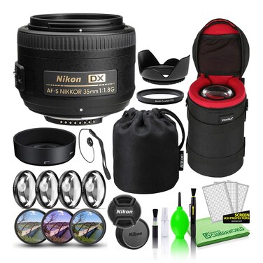 Nikon AF-S DX NIKKOR 35mm f/1.8G Prime Lens (2183) Bundle Package with Padded Lens Case + Macro Filter Kit + UV, CPL, FL Lens Filters + Tulip Hood + Lens Cap Keeper + Camera Lens Cleaning Kit + More