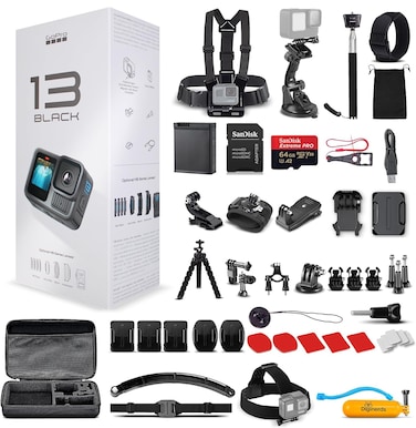 GoPro HERO13 (Hero 13) Black - Waterproof Action Camera with 5.3K HDR Video, 27MP Photos, 1/1.9" Image Sensor, Live Streaming, Webcam, Stabilization + 64GB Card &amp; 50 Piece Accessory Kit - Bundle