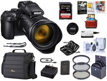 Nikon COOLPIX P1000 Digital Camera Bundle with Filter Kit, Shoulder Bag, Memory Card, Cleaning Kit, Card Reader, Memory Card Wallet, Software Kit