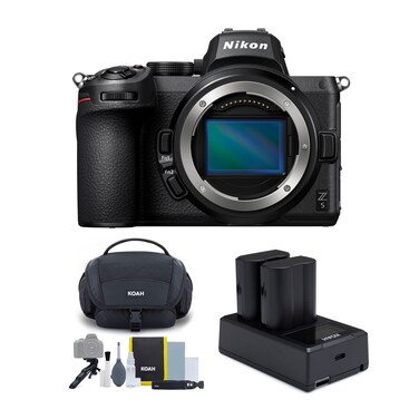 Nikon Z 5 FX-Format Mirrorless Camera Body Bundle with Koah Rechargeable Batteries and Dual LCD Charger and Gadget Bag with Accessory &amp; Cleaning Kit (3 Items)