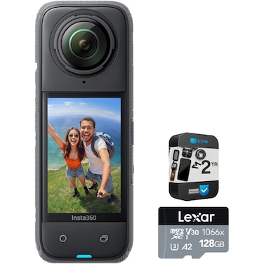 Insta360 X4 360 Camera: Tiny 2.7K Action Camera, Hands-Free POV, Waterproof Bundle with 2 YR CPS Enhanced Protection Pack and Lexar Professional 128GB 1066x MicroSDXC Memory Card. CINSABMA