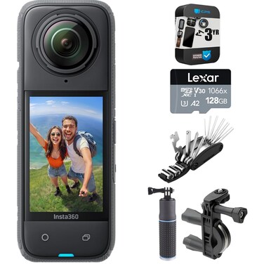 Insta360 X4 360 Camera 284752: Tiny 2.7K, Hands-Free POV, Waterproof Bundle with 3 YR CPS Enhanced Protection Pack, 128GB Card, Bike Handlebar Mount, Power Grip and 16-in-1 Bike Repair Tool Kit