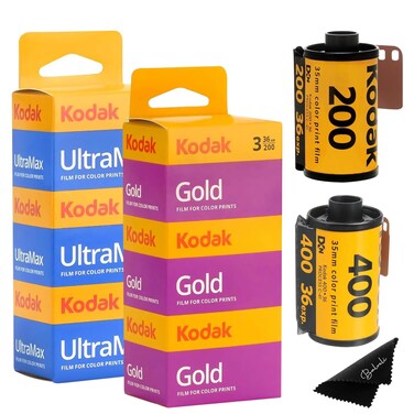 Kodak Ultramax 400 35mm Film 3 Pack &amp; Kodak Gold 200 35mm Film 3 Pack Bundle (6 Total Rolls) 36exp for 35mm Film Camera 35mm - Kodak Film- Balveli Microfiber Cloth - 35 mm Film roll- Camera Film-