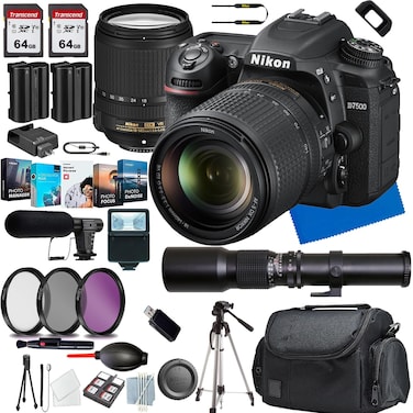 Nikon D7500 DSLR Camera with 18-140mm Lens+Shot-Gun Microphone+Photo Software Package+ Case+128 GIG Memory+500mm f/8.0 Telephoto preset Lens +Slave Flash+Tripod(13PC) Bundle