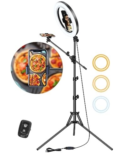 LUXSURE Selfie Ring Light with Stand for Phone, Ring Light Tripod for iPhone, Overhead Phone Mount 10.5" with Phone Stand and Remote, Phone Tripod with Light for Video Recording/Live Streaming/Cooking