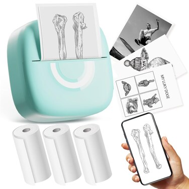 Mini Printer Sticker Thermal Printer with 3 Rolls Paper, Bluetooth Portable Phone Printer,Study Printer for Pictures, Photos, Journals, DIY, Compatible with Phone &amp; Tablet.