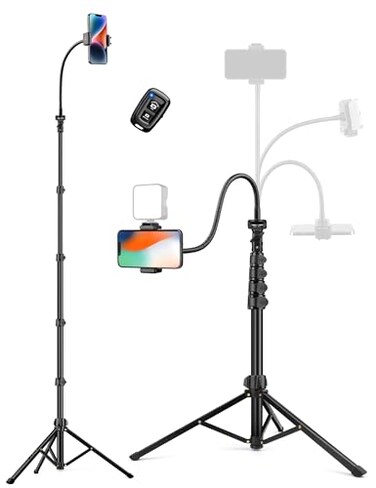 Phone Tripod, 86" Tall Tripod for iPhone with Flexible Gooseneck &amp; Remote, Portable Cellphone Tripod Stand, Aluminum Travel Tripod for Selfies, Video Recording, Compatible with iPhone Android
