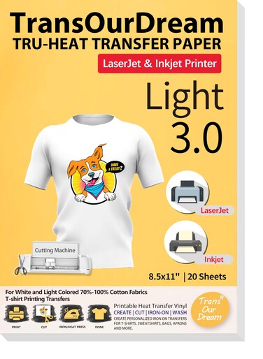 TransOurDream Tru-Heat Transfer Paper for Inkjet &amp; Laserjet Printer (20 Sheets 8.5x11, 3.0) Printable HTV Heat Transfer Vinyl for T Shirts Iron on Transfers for Light Fabrics (TRANS-L3-1-20)