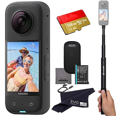 insta360 X3 - Waterproof 360 Action Camera with 1/2'' 48MP Sensors, 5.7K HDR Video, 72MP Photo, 4K Single-Lens, 60fps Me Mode, 2.29''Touchscreen, AI Editing  Bundle Includes Selfie Stick&amp;128GB, Black