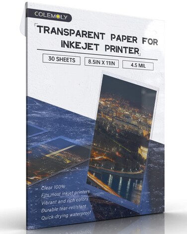 Colemoly Transparency Sheets Transparent Paper 30 Sheets Inkjet Transparency Film Inkjet Printer (100% Clear) Acetate Sheets Clear Paper 8.5x11 Inches for Crafts, Premium Print