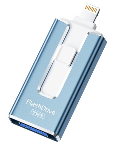 MFi Certified 256GB Flash Drive for iPhone iPad, Photo Stick for External Memory Storage, Easily Back Up and Save Files, USB Memory Stick Thumb Drive for iPhone/iPad/Android/PC (Blue, 256GB)