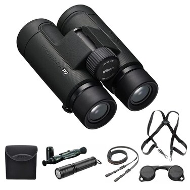 Nikon PROSTAFF P7 10x42 Waterproof Binocular for Adults   Small &amp; Compact Travel Binoculars for Bird Watching   Binocular Harness Strap, Lens Pen Cleaning System, &amp; Flashlight Bundle Set