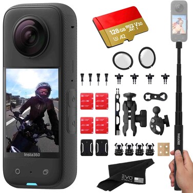 Insta360 X3 - Waterproof 360 Action Camera with 1/2" 48MP Sensors, 5.7K 360 HDR Video, 72MP 360 Photo, 4K Single-Lens, 2.29" Touchscreen Includes Motorcycle Bundle, Selfie Stick, Lens Guard&amp;128GB