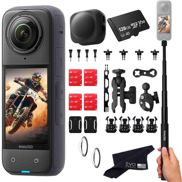 Insta360 X4 - Waterproof 360 Action Camera with 1/2"" 48MP Sensors, 5.7K 360 HDR Video, 4K Single-Lens, 2.29"" Touchscreen Includes Motorcycle Bundle, Selfie Stick, Lens Guard&amp;SD Card, Black