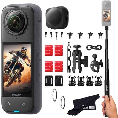 Insta360 X4 Motorcycle Bundle- 8K Waterproof 360 Action Camera with 1/2"" 48MP Sensors, 5.7K 360 HDR Video,  Includes Motorcycle Bundle, Selfie Stick, Lens Guard and Lens Cap (No Card), Black
