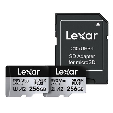 Lexar 256GB (2-Pack) Professional Silver Plus microSDXC Memory Card w/SD Adapter, UHS-I, C10, U3, V30, Full-HD &amp; 4K Video, Up to 205/150 MB/s Read/Write, for Videographers, Gamers (LMSSIPL256G-B2ANU)