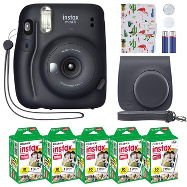 Fujifilm Instax Mini 11 Instant Camera Charcoal Gray + MiniMate Accessory Bundle &amp; Compatible Custom Case + Fuji Instax Film Value Pack (50 Sheets) Flamingo Designer Photo Album