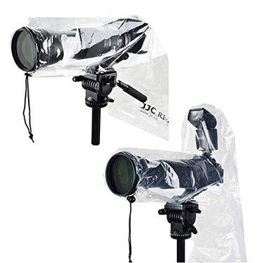 JJC 2 Types DSLR Camera Rain Cover Coat Sleeve Protector for Canon Nikon Fujifilm Sony Olympus Panasonic Pentax Sigma with a Lens &amp; Flash PE Material Clear See-Through(2 Pack)