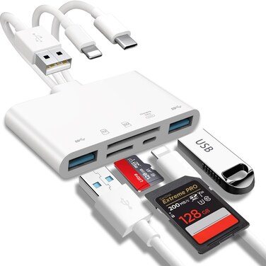 5-in-1 Memory Card Reader, USB OTG Adapter &amp; SD Card Reader for i-Phone/i-Pad, USB C and USB A Devices with Micro SD &amp; SD Card Slots, Supports SD/Micro SD/SDHC/SDXC/MMC
