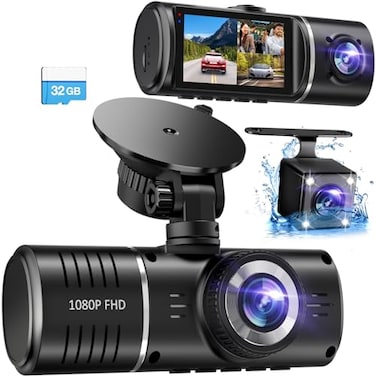 SUVCON Dash Cam, 3 Channel Dash Cam, 1080P Dash Cam Front and Inside, Triple Dash Cam, Dash Camera with 32GB Card, HDR, G-Sensor, 24Hr Parking, Front Rear Dash Cam Loop Recording