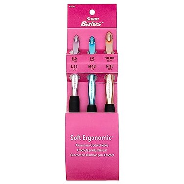 CJ BATES &amp; SONS Sizes L11/8mm, M13/9mm, and N15/10mm Susan Bates Silvalume Soft Ergonomic Crochet Hook Set