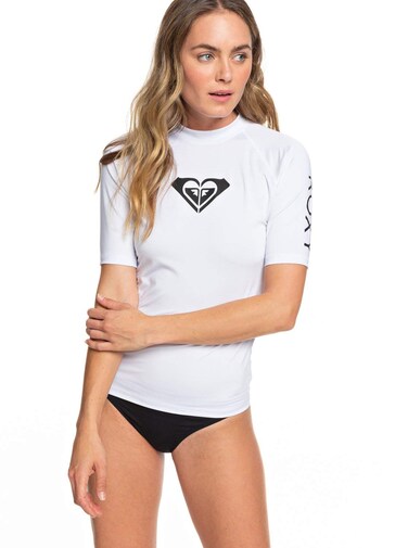 Roxy Women's Whole Hearted Short Sleeve Rashguard, White/Black Heart, XS