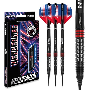 RED DRAGON Vengeance Red 20 Gram Premium Tungsten Softip Darts Set with Flights and Stems