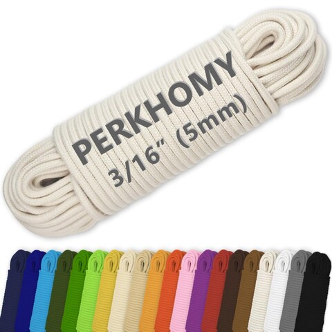 PerkHomy Cotton Rope 3/16&quot; (5mm) 100 ft Multi Purpose Utility Diamond Braided Cord, Natural Cotton for Clothes Line Camping Crafting Flag Pole, Natural White