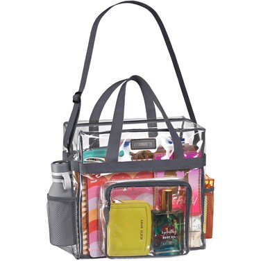 Masirs Clear Tote Bag Stadium Approved - Mesh Pockets, Shoulder Straps and Zippered Top. Perfect Clear Bag for Work, Sports Games and Concerts. Meets Stadium Tournament Guidelines. (Grey)