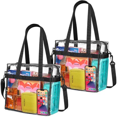 Handy Laundry Clear Tote Bag Stadium Approved - 2 PACK - Shoulder Straps and Zippered Top. Perfect Clear Bag for Work, Sports Games and Concerts. Meets Tournament Guidelines. (Black)