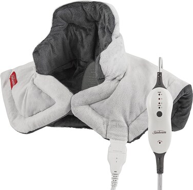 Sunbeam Contoured Heating Pad for Neck &amp; Shoulder Pain Relief with Auto Shut Off, Moist Heating Option, 22 x 19, Grey